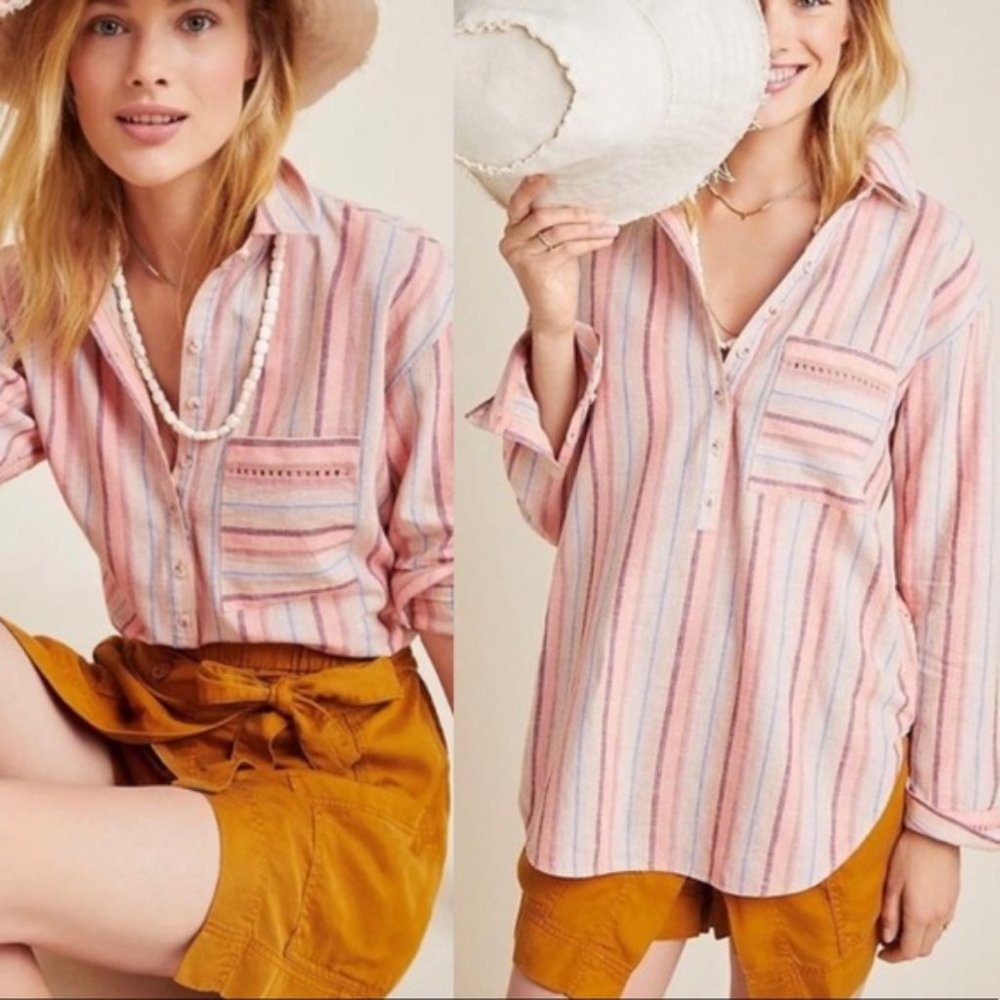 Anthropologie Maeve Linen Striped Lida Button Down